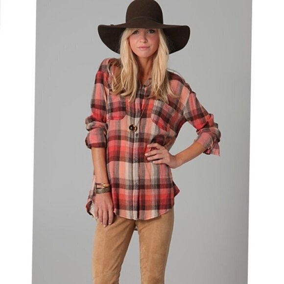 Free People We the Free Red Plaid Beige Lace Back Long Sleeve Button Down S - Picture 1 of 4